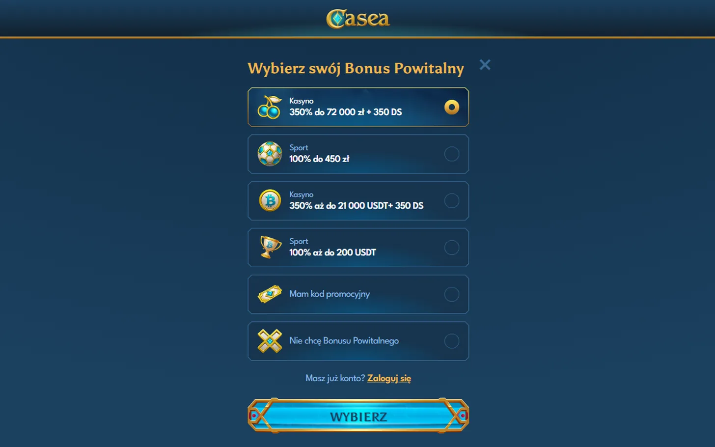 Casea — bonus bez wpłaty, ekran kasyna