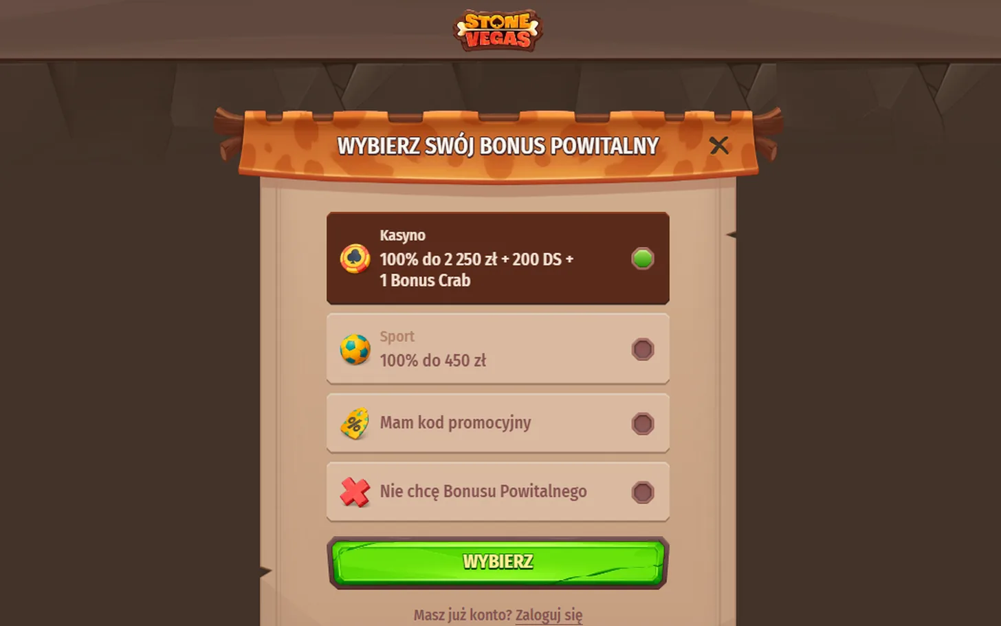 Stone Vegas — bonus bez depozytu, ekran kasyna