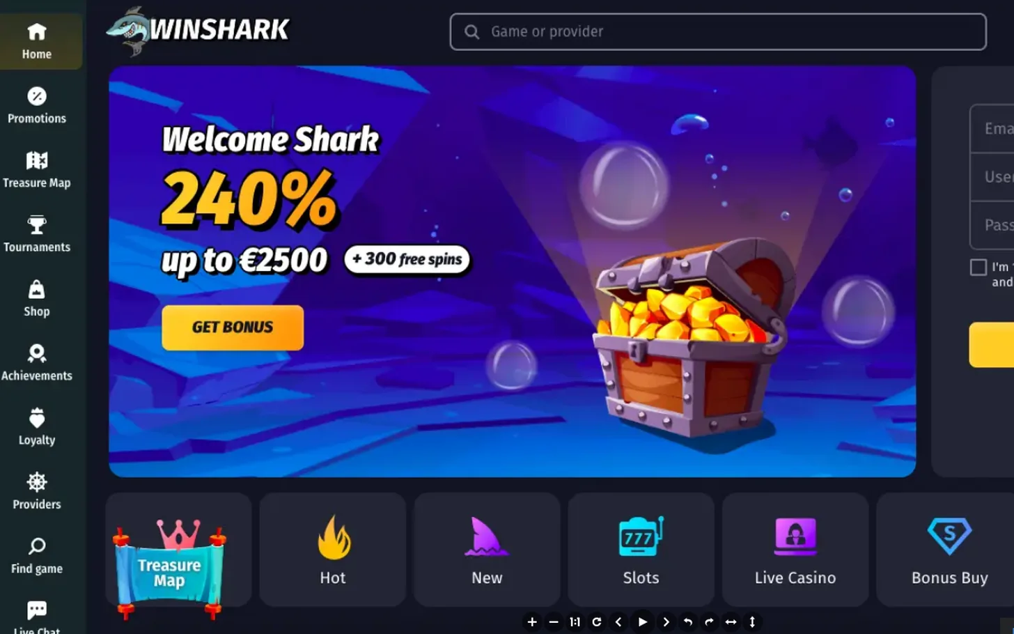 Winshark — bonus bez depozytu, ekran kasyna